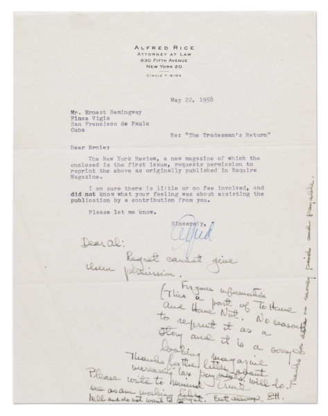 Ernest Hemingway Autograph Note Signed & Initialed Regarding ''The New York Review'' -- ''...This a part of To Have and Have Not. No reason to reprint it...it is a sorry looking magazine...''