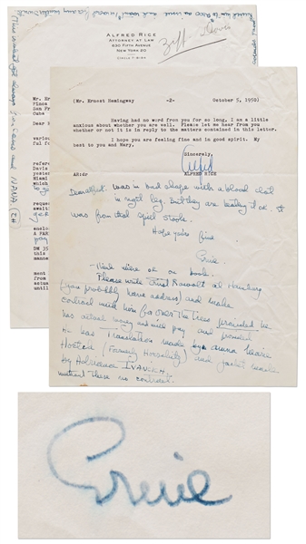 Ernest Hemingway Autograph Note Signed & Initialed Regarding Publishing Rights to ''Across the River and Into the Trees'' and an Excerpt from ''A Farewell to Arms''