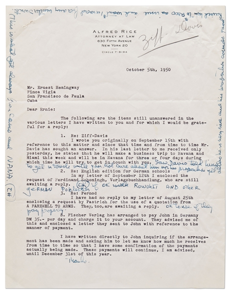 Ernest Hemingway Autograph Note Signed & Initialed Regarding Publishing Rights to ''Across the River and Into the Trees'' and an Excerpt from ''A Farewell to Arms''