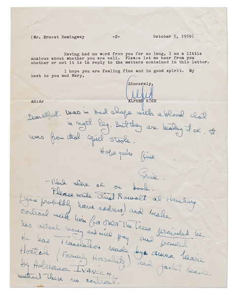 Ernest Hemingway Autograph Note Signed & Initialed Regarding Publishing Rights to ''Across the River and Into the Trees'' and an Excerpt from ''A Farewell to Arms''