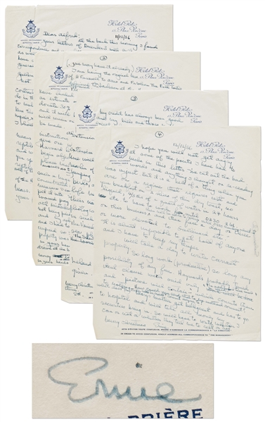 Ernest Hemingway Autograph Letter Twice-Signed and Additionally Initialed Three Times -- ''I am having the original MSS of 'A Farewell to Arms' and 'For Whom the Bell Tolls' ...appraised.''