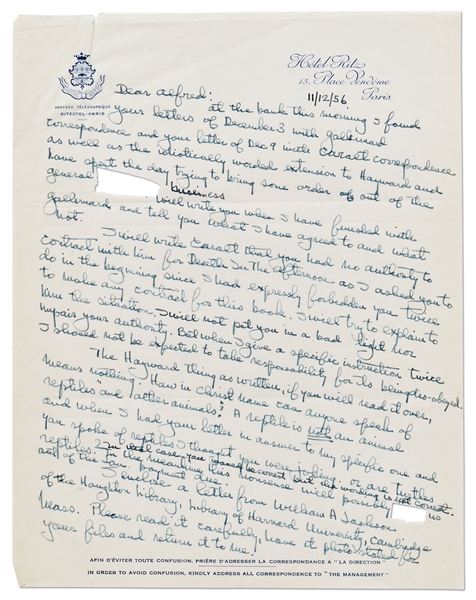 Ernest Hemingway Autograph Letter Twice-Signed and Additionally Initialed Three Times -- ''I am having the original MSS of 'A Farewell to Arms' and 'For Whom the Bell Tolls' ...appraised.''