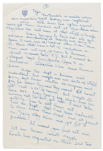 Ernest Hemingway Autograph Letter Signed -- ''...had to shoot my first lion with a borrowed .256 Mannlicher...'' & plane crash: ''...fingers burned and left hand 3rd degree too, so couldn't type...''