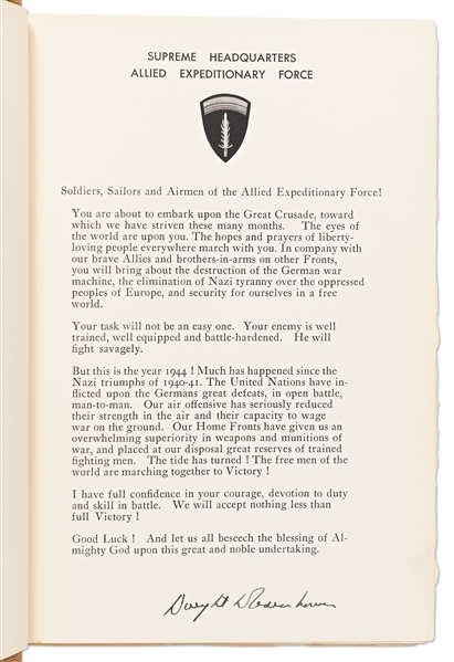 Dwight D. Eisenhower Signed D-Day Speech From the Limited Edition of ''Crusade in Europe'' -- Additionally Signed by Eisenhower on the Limitation Page