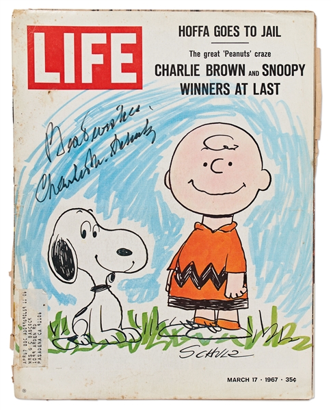 Charles Schulz Signed ''LIFE'' Magazine Without Inscription -- Charlie Brown & Snoopy Appear on Cover of 1967 Magazine with Headline ''The great 'Peanuts' craze''