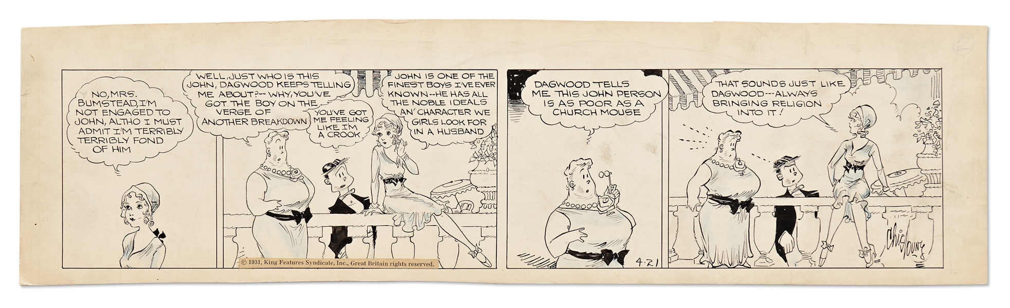 Chic Young Hand-Drawn ''Blondie'' Comic Strip From 1931 -- Blondie Makes Dagwood Jealous