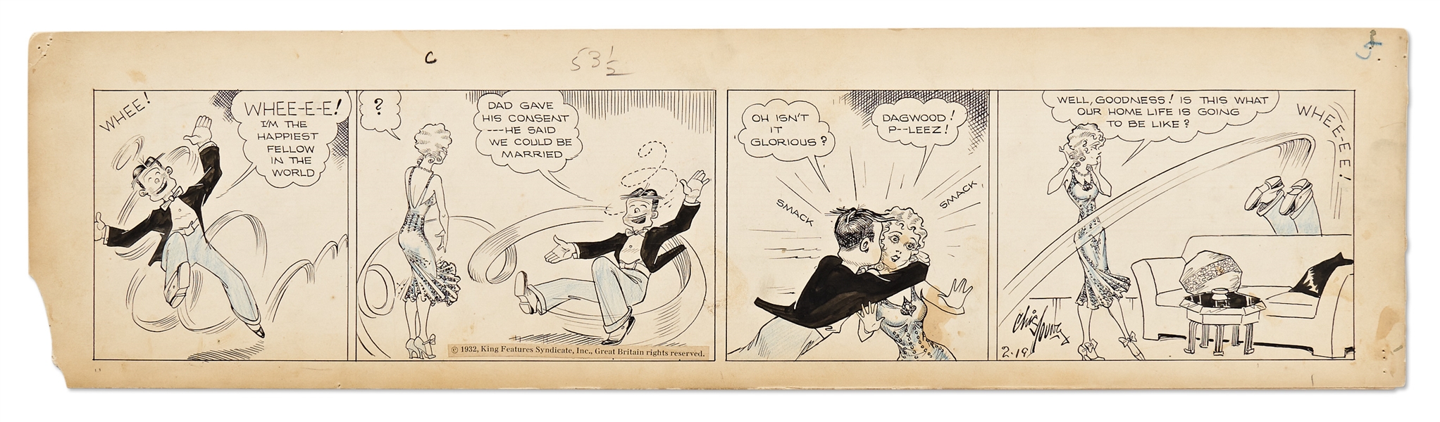 Chic Young Hand-Drawn ''Blondie'' Comic Strip From 1932 -- Dagwood & Blondie Get Consent to Marry!