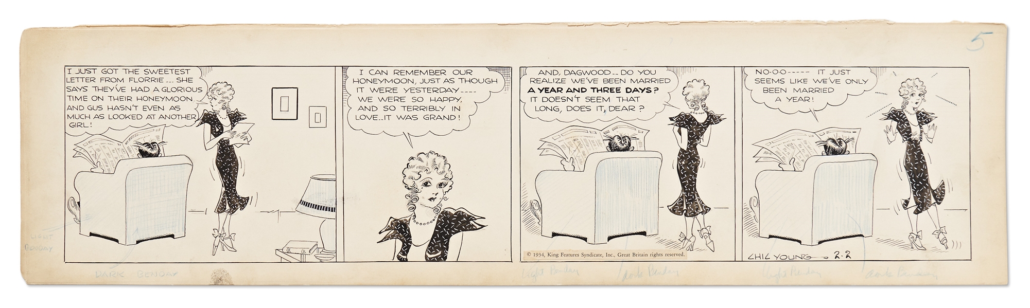 Chic Young Hand-Drawn ''Blondie'' Comic Strip From 1934 -- Blondie & Dagwood Celebrate Their Year-ish Anniversary