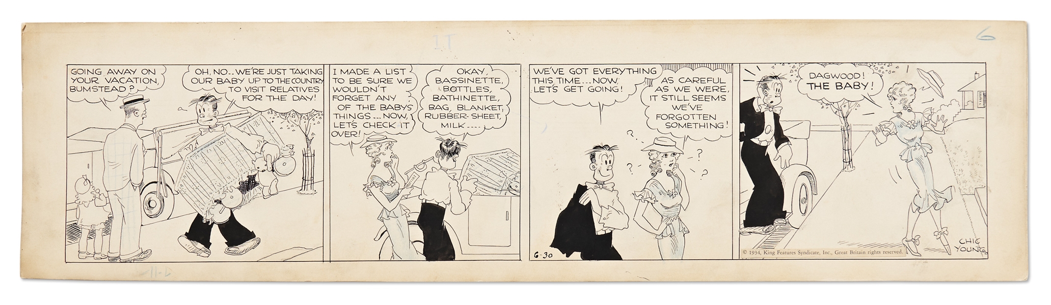 Chic Young Hand-Drawn ''Blondie'' Comic Strip From 1934 -- Dagwood & Blondie Forget the Baby!