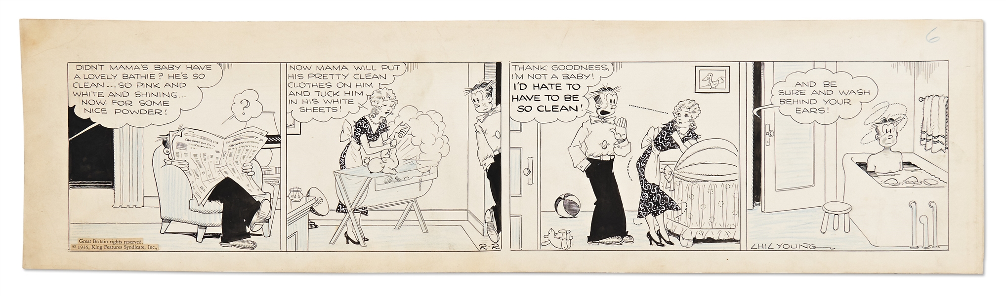 Chic Young Hand-Drawn ''Blondie'' Comic Strip From 1935 -- Dagwood Gets a Bath