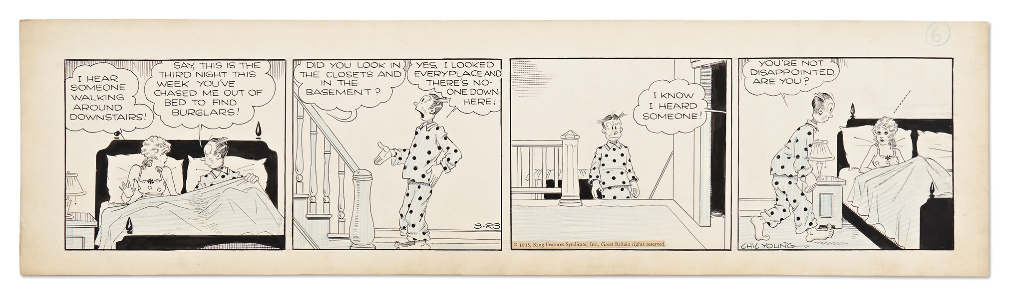 Chic Young Hand-Drawn ''Blondie'' Comic Strip From 1935 -- Blondie Hears a Burglar