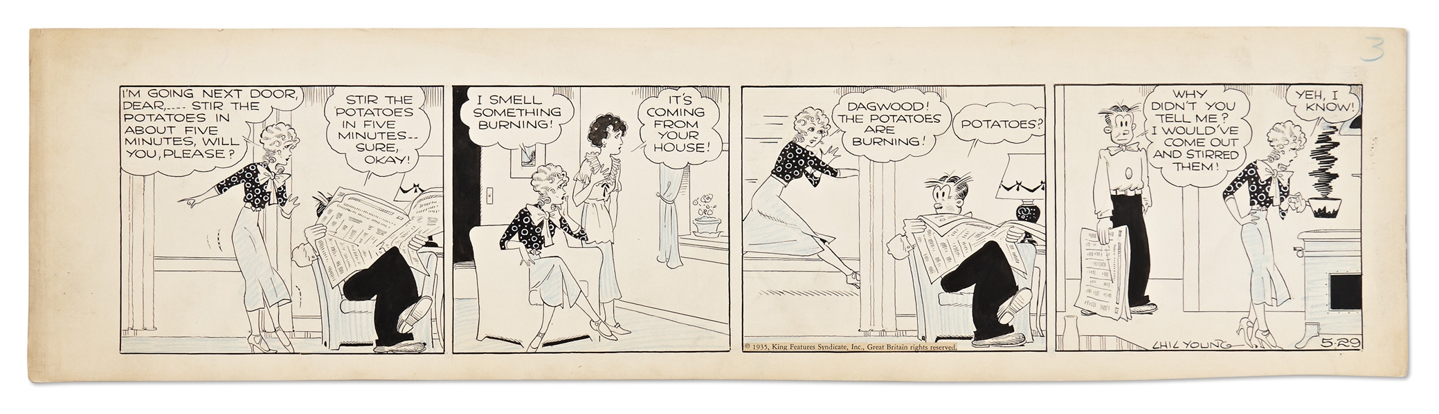 Chic Young Hand-Drawn ''Blondie'' Comic Strip From 1935 -- Dagwood (Over) Cooks Dinner