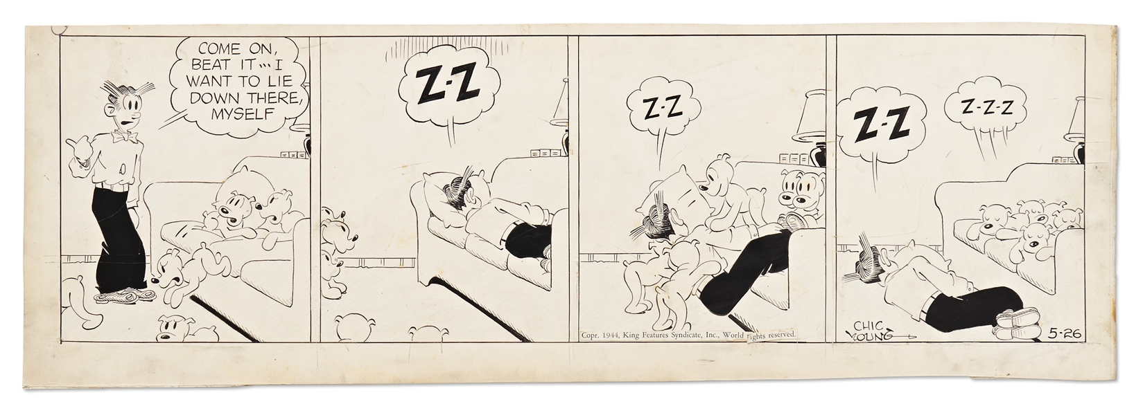 Chic Young Hand-Drawn ''Blondie'' Comic Strip From 1944 -- Daisy's Puppies Outsmart Dagwood