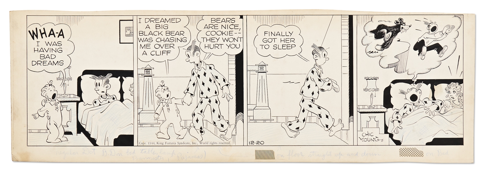 Chic Young Hand-Drawn ''Blondie'' Comic Strip From 1944 -- Dagwood Consoles Cookie's Bad Dream and Scares Himself