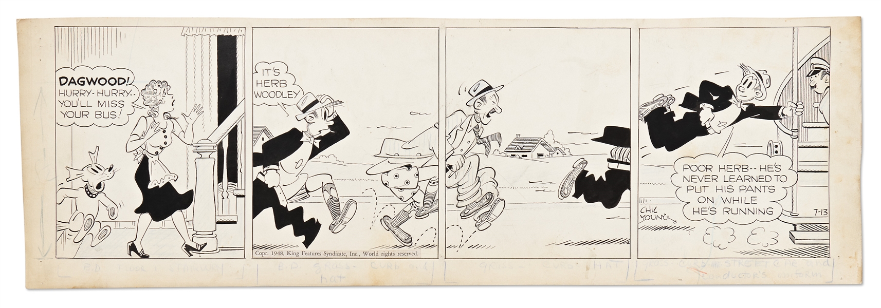 Chic Young Hand-Drawn ''Blondie'' Comic Strip From 1948 -- Excellent Illustration Where Action Crosses Panels as Dagwood Races to Catch the Bus