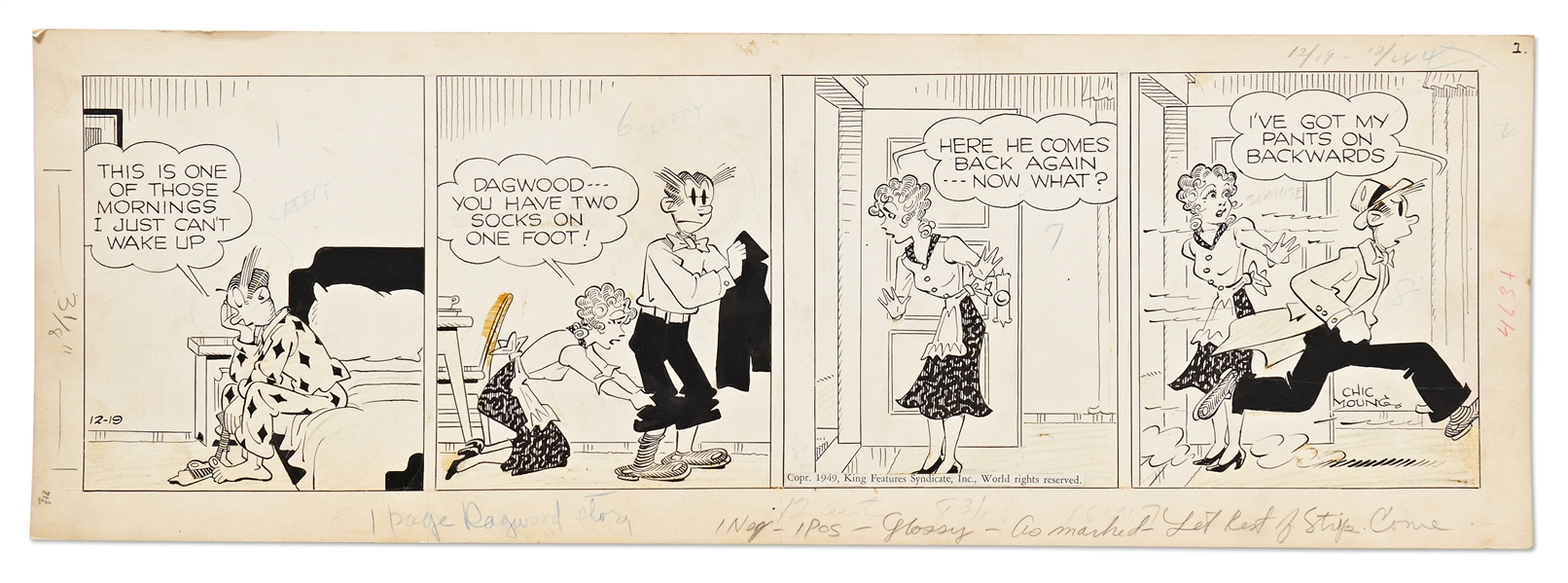 Chic Young Hand-Drawn ''Blondie'' Comic Strip From 1949 -- Dagwood Puts on His Pants Backwards in the Morning