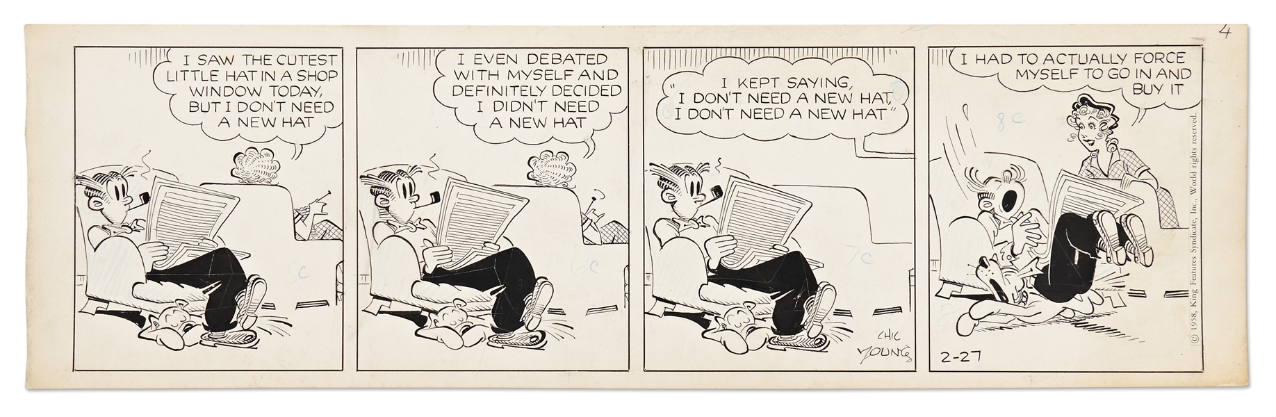 Chic Young Hand-Drawn ''Blondie'' Comic Strip From 1958 -- Blondie Buys a New Hat to Dagwood's Chagrin