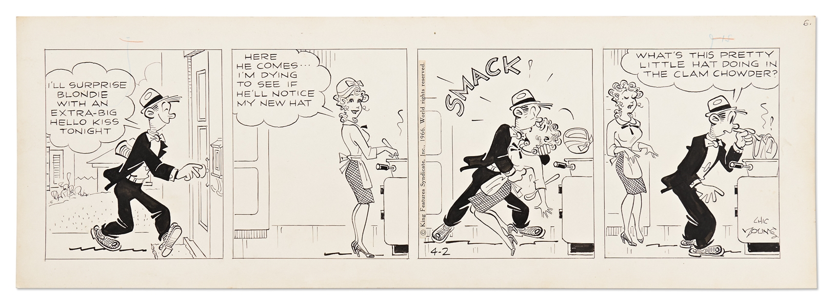 Chic Young Hand-Drawn ''Blondie'' Comic Strip From 1966 -- Dagwood Sweeps Blondie Off Her Feet with a Dramatic Kiss