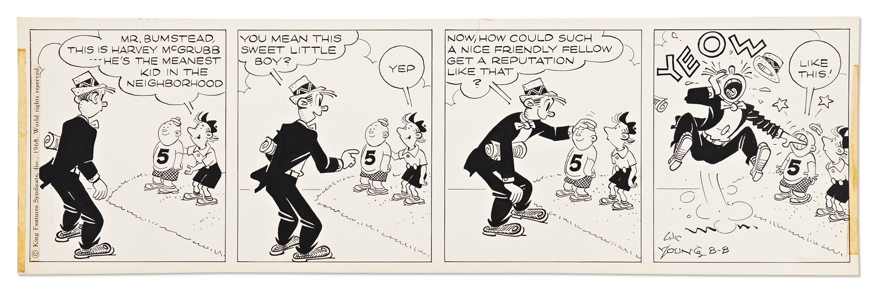 Chic Young Hand-Drawn ''Blondie'' Comic Strip From 1968 -- Dagwood Meets the Neighborhood Bully