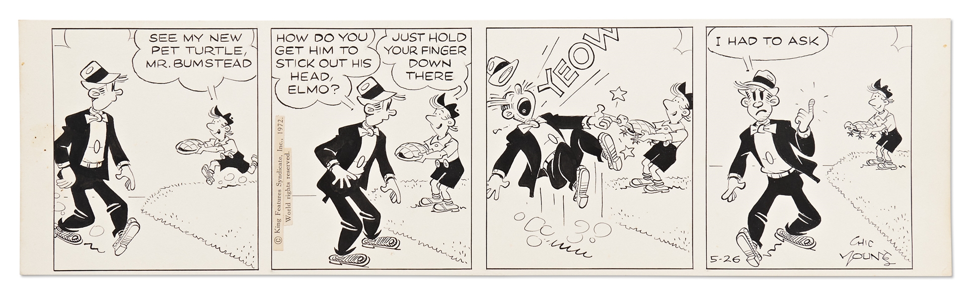 Chic Young Hand-Drawn ''Blondie'' Comic Strip From 1972 -- Elmo Tricks Dagwood