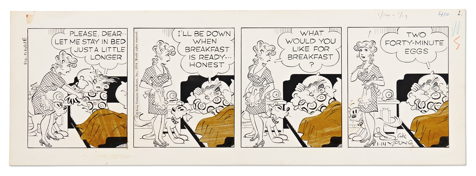 Chic Young Hand-Drawn ''Blondie'' Comic Strip From 1974 -- Dagwood Buys a Little More Sleeping Time