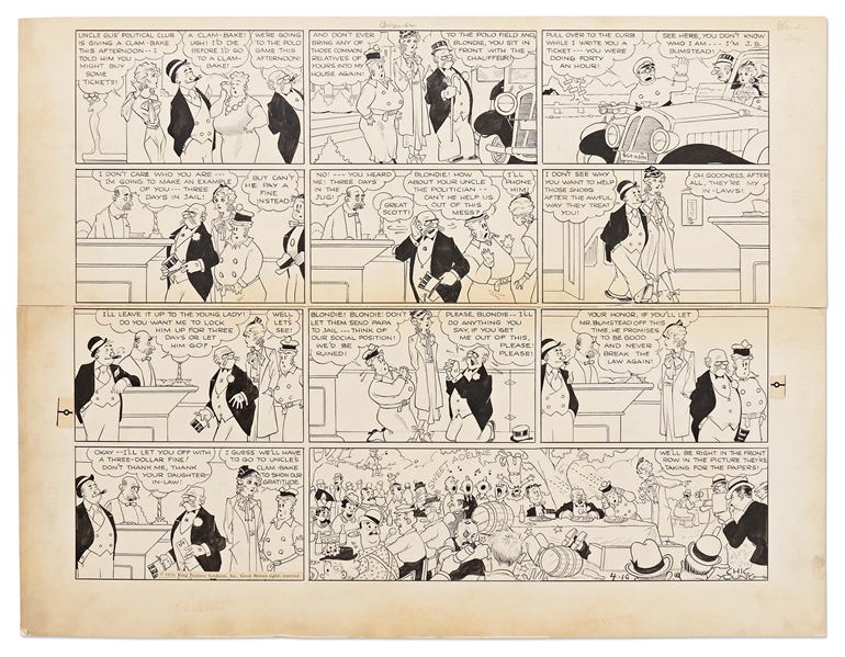 Chic Young Hand-Drawn ''Blondie'' Sunday Comic Strip From 1933 -- The Bumsteads Slum with Blondie's Family in This Beautifully Illustrated Strip