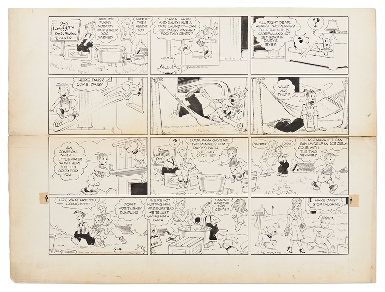 Chic Young Hand-Drawn ''Blondie'' Sunday Comic Strip From 1938 -- Daisy Gets the Last Laugh by Ducking a Bath