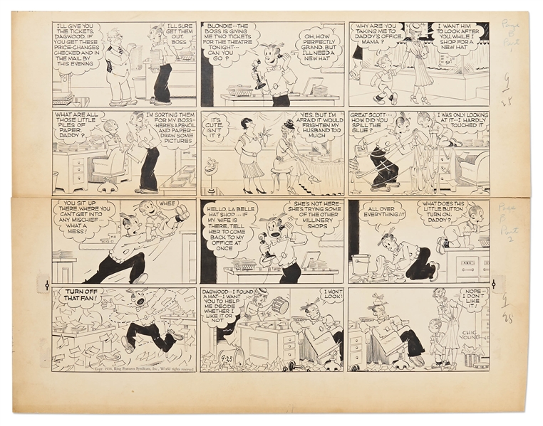 Chic Young Hand-Drawn ''Blondie'' Sunday Comic Strip From 1938 -- Baby Dumpling Causes Mischief at Dagwood's Office