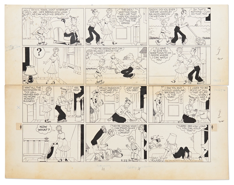 Chic Young Hand-Drawn ''Blondie'' Sunday Comic Strip From 1940 -- Dagwood and His Friends Goof Off