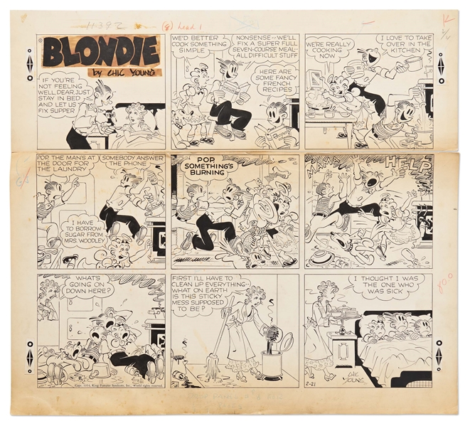 Chic Young Hand-Drawn ''Blondie'' Sunday Comic Strip From 1954 -- The Bumstead Household is in Disarray Without Blondie