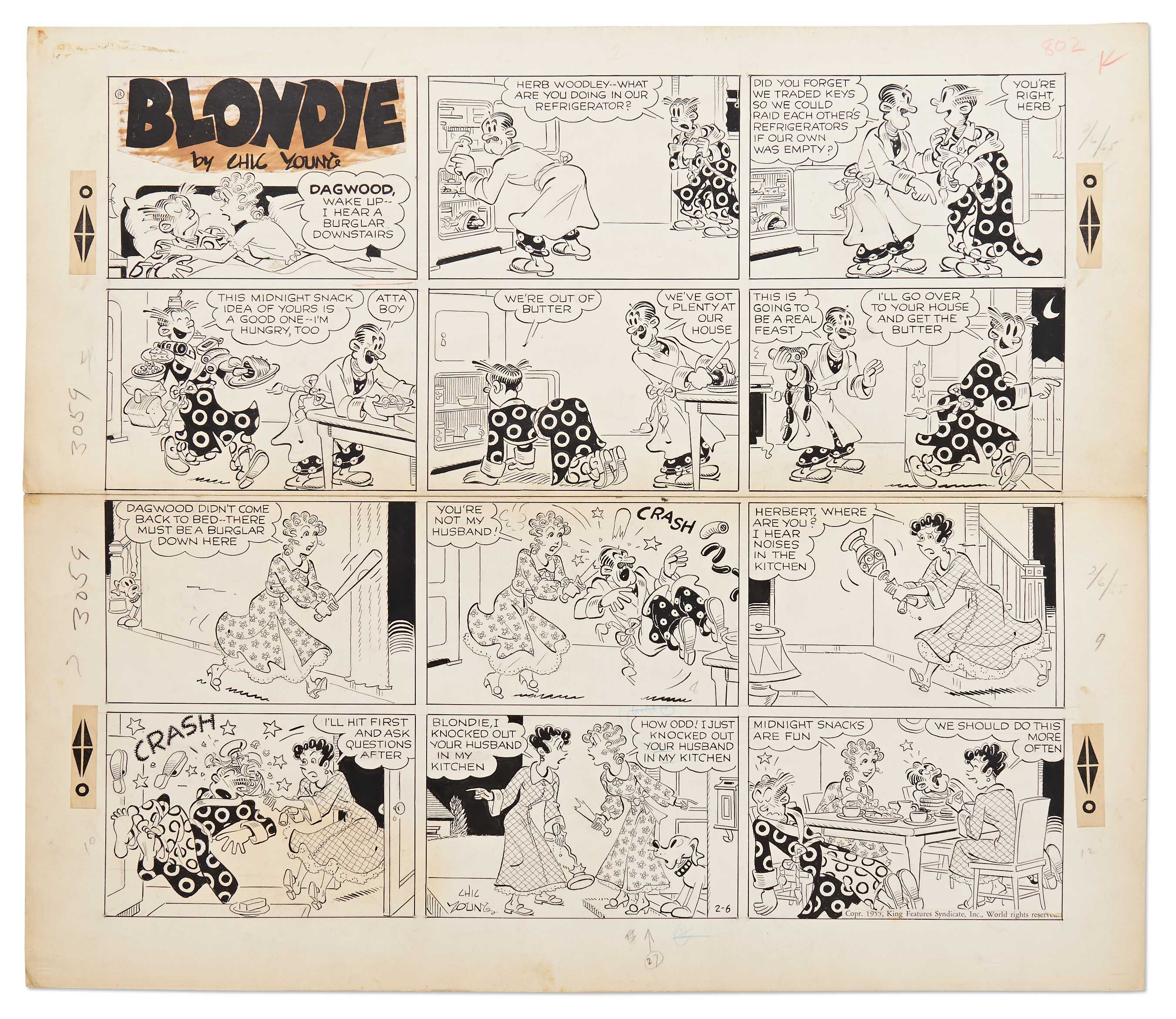 Lot Detail Chic Young Hand Drawn Blondie Sunday Comic Strip From 1955 Blondie And 9162