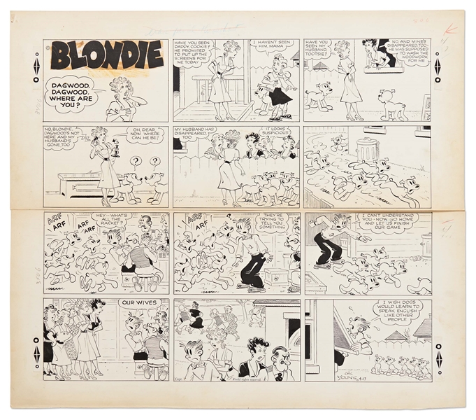 Chic Young Hand-Drawn ''Blondie'' Sunday Comic Strip From 1955 -- Daisy and the Pups Try to Warn Dagwood and His Friends