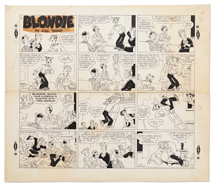 Chic Young Hand-Drawn ''Blondie'' Sunday Comic Strip From 1955 -- Dagwood Gets Pummeled by Blondie's Ladies' Club