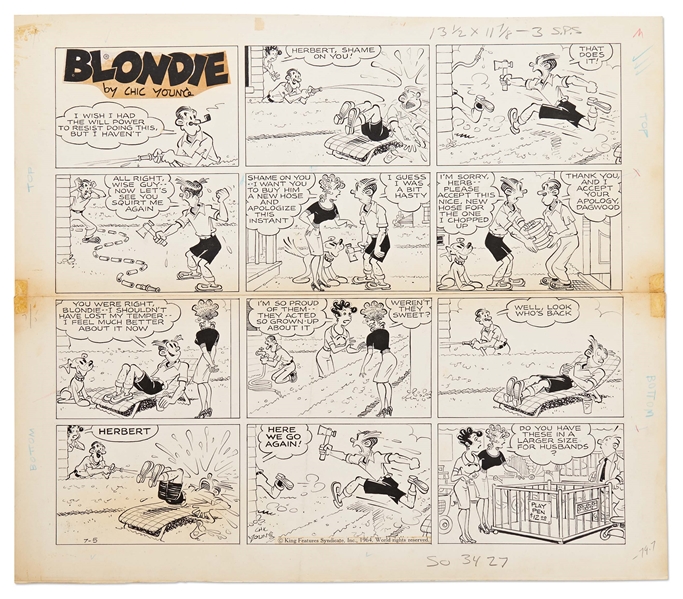 Chic Young Hand-Drawn ''Blondie'' Sunday Comic Strip From 1964 -- Herb Woodley Pranks Dagwood One Too Many Times