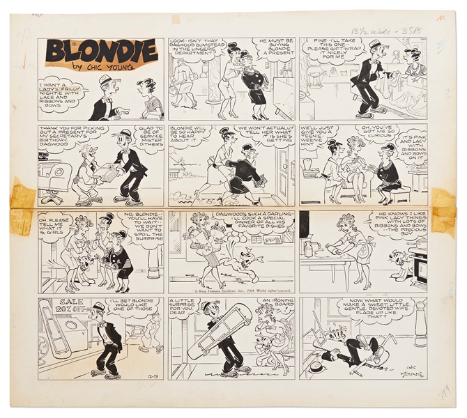 Chic Young Hand-Drawn ''Blondie'' Sunday Comic Strip From 1933 -- Blondie Clobbers Dagwood With Her New Ironing Board