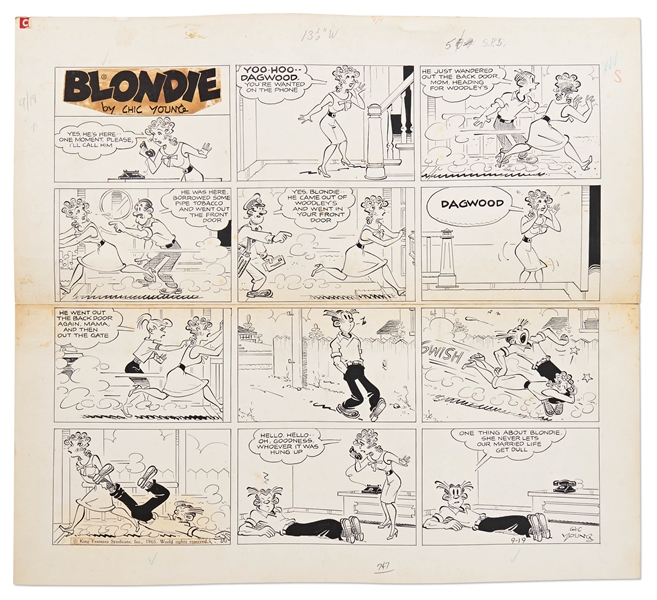 Chic Young Hand-Drawn ''Blondie'' Sunday Comic Strip From 1965 -- Humorous Strip with Dagwood Breaking Fourth Wall