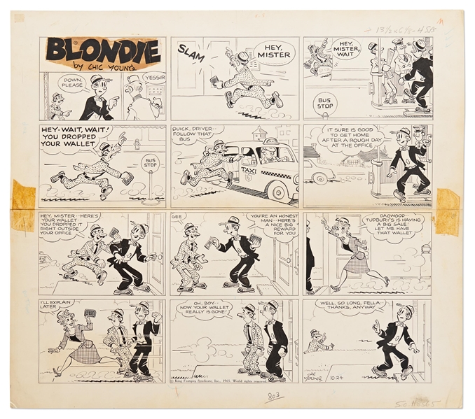 Chic Young Hand-Drawn ''Blondie'' Sunday Comic Strip From 1965 -- Blondie Snatches Dagwood's Wallet