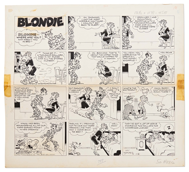 Chic Young Hand-Drawn ''Blondie'' Sunday Comic Strip From 1965 -- Dagwood Gets Mad at Blondie for Spending All Their Money in a Dream