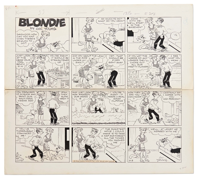 Chic Young Hand-Drawn ''Blondie'' Sunday Comic Strip From 1972 -- Dagwood Prioritizes a Nap Over His Honey-Do List