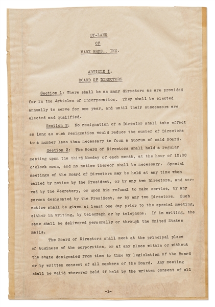 Marx Brothers Corporate By-Laws from 1933 Signed by All Four with Both Their Legal & Stage Names -- Scarce Agreement Signed a Total of Nine Times by the Brothers