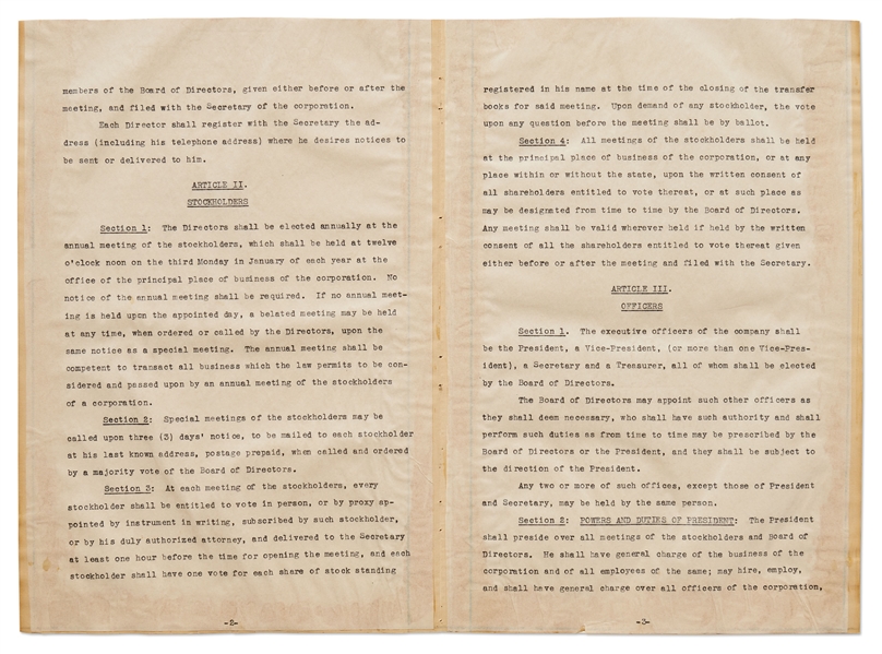 Marx Brothers Corporate By-Laws from 1933 Signed by All Four with Both Their Legal & Stage Names -- Scarce Agreement Signed a Total of Nine Times by the Brothers