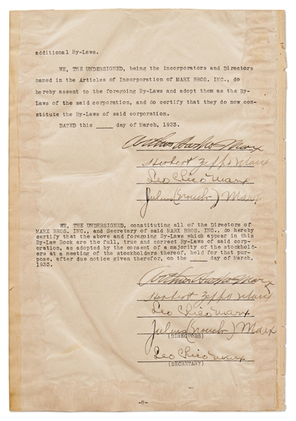 Marx Brothers Corporate By-Laws from 1933 Signed by All Four with Both Their Legal & Stage Names -- Scarce Agreement Signed a Total of Nine Times by the Brothers