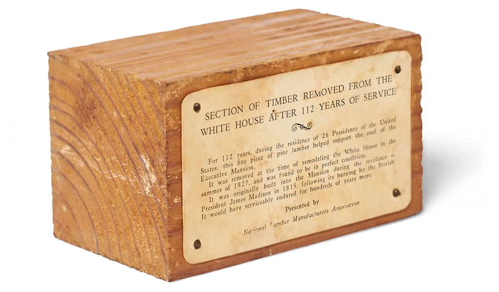 Large Block of Wood From the Roof of the White House -- Removed During 1927 Reconstruction -- Accompanied by Rare, Original Box