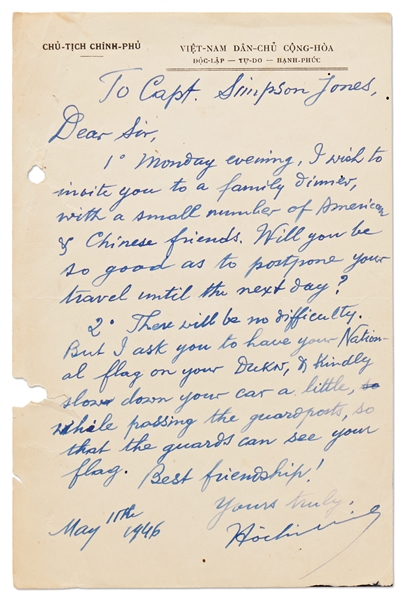 Ho Chi Minh Autograph Letter Signed from 1946 as President and Prime Minister of the Newly Formed Democratic Republic of Vietnam -- Inviting a British Officer to Dine with American & Chinese Friends