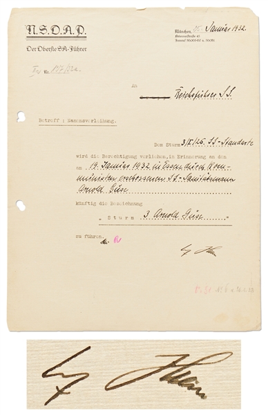 Adolf Hitler Document Signed from 1932 on Nazi Party Letterhead -- Hitler Authorizes Naming a Stormtrooper Banner for an SA Brownshirt Killed by Communists