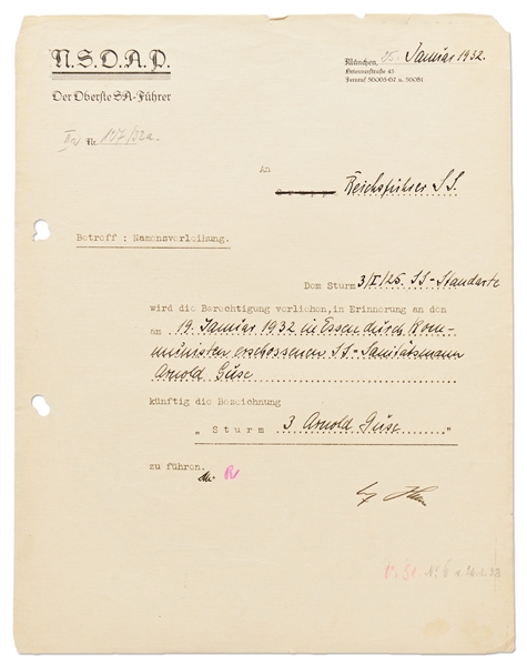 Adolf Hitler Document Signed from 1932 on Nazi Party Letterhead -- Hitler Authorizes Naming a Stormtrooper Banner for an SA Brownshirt Killed by Communists