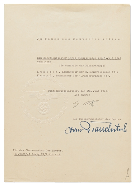 Adolf Hitler Document Signed on 24 June 1941, Two Days After the Start of Operation Barbarossa