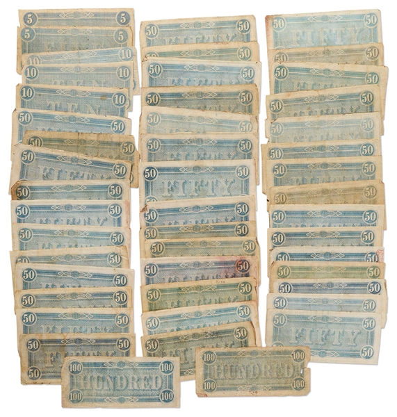 Lot of 48 Currency Bills Issued by the Confederate States of American During the Civil War