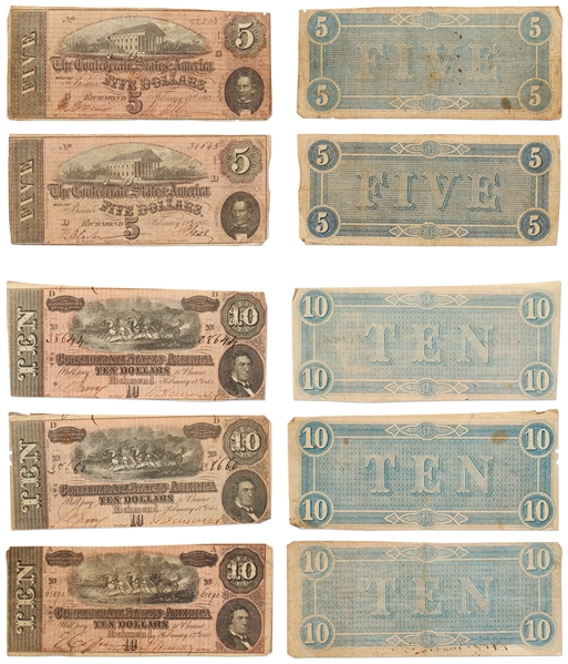 Lot of 48 Currency Bills Issued by the Confederate States of American During the Civil War
