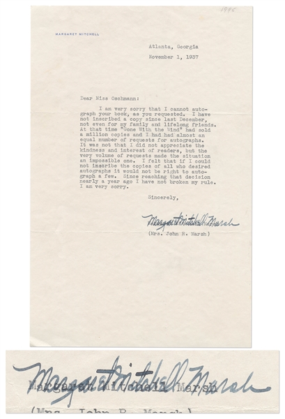 Margaret Mitchell Letter Signed with ''Gone With the Wind'' Content -- ''...'Gone With the Wind' had sold a million copies and I had had almost an equal number of requests for autographs...''